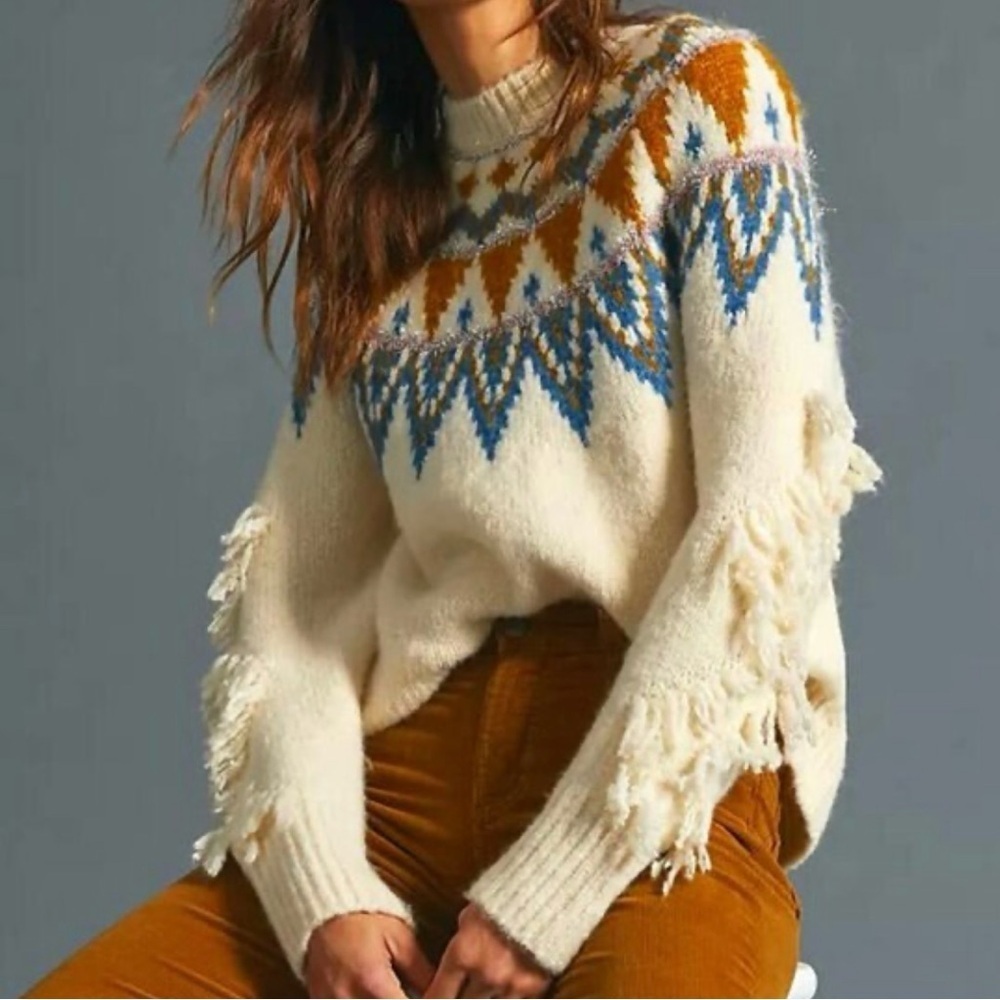 Anthropologie Greylin Cream & Blue Geometric Sweater.   Size Small